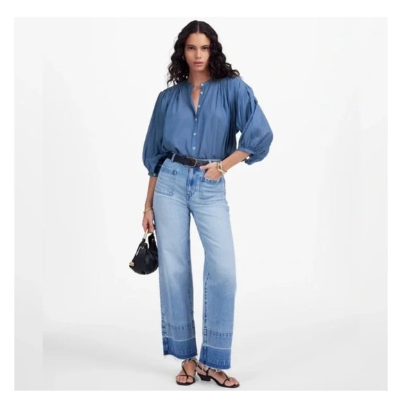 Madewell Blue Balloon Sleeve Top Button Front Top Size Large 2025 Style - Picture 7 of 16